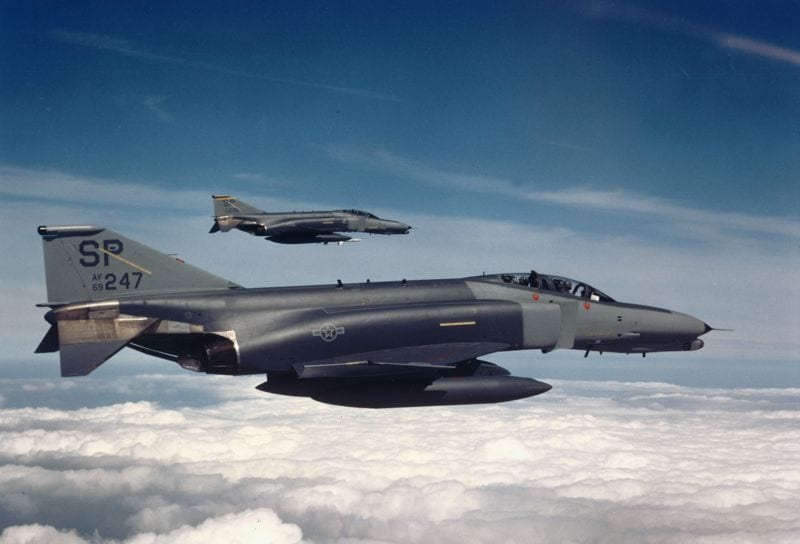 F-4G Phantom fighter aircraft from the 35th Tactical Fighter Wing, Tactical  Air Command, fly over the coastline of Bahrain during Operation Desert  Shield. The aircraft are armed with AGM-88 high-speed, anti-radiation,  air-to-surface